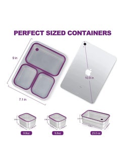 Yooyee Stainless Steel Lunch Box for Kid School, Insulated Bento Lunch Box with Bag, 3 Compartment Divided Lunch Containers with Lids, Leakproof, BFA Free, Dishwasher Safe,  1260ML Purple  - Image 3
