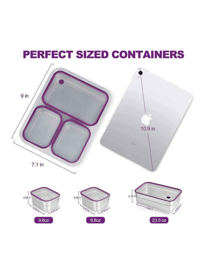 Yooyee Stainless Steel Lunch Box for Kid School, Insulated Bento Lunch Box with Bag, 3 Compartment Divided Lunch Containers with Lids, Leakproof, BFA Free, Dishwasher Safe,  1260ML Purple  - Image 3