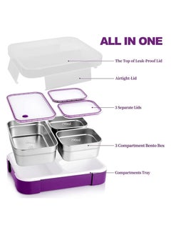 Yooyee Stainless Steel Lunch Box for Kid School, Insulated Bento Lunch Box with Bag, 3 Compartment Divided Lunch Containers with Lids, Leakproof, BFA Free, Dishwasher Safe,  1260ML Purple  - Image 2