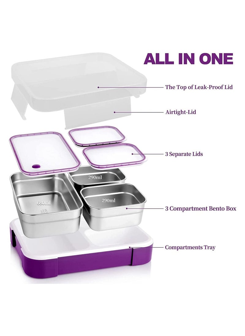 Yooyee Stainless Steel Lunch Box for Kid School, Insulated Bento Lunch Box with Bag, 3 Compartment Divided Lunch Containers with Lids, Leakproof, BFA Free, Dishwasher Safe,  1260ML Purple  - Image 2