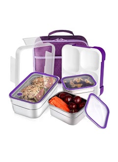 Yooyee Stainless Steel Lunch Box for Kid School, Insulated Bento Lunch Box with Bag, 3 Compartment Divided Lunch Containers with Lids, Leakproof, BFA Free, Dishwasher Safe,  1260ML Purple  - Image 1