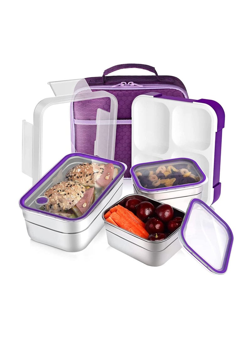 Yooyee Stainless Steel Lunch Box for Kid School, Insulated Bento Lunch Box with Bag, 3 Compartment Divided Lunch Containers with Lids, Leakproof, BFA Free, Dishwasher Safe,  1260ML Purple  - Image 1