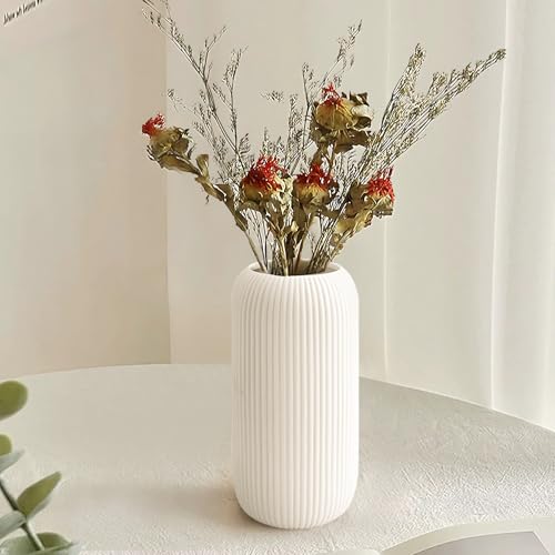 RIKBVOM Ceramic Vase for Flowers – Modern Small Ribbed Textured Flower Vase for Home Decor, Pampas Grass, Decorative, Farmhouse, Coffee Table, Kitchen Centerpieces, Bookshelf and Home Living (White) - Image 2