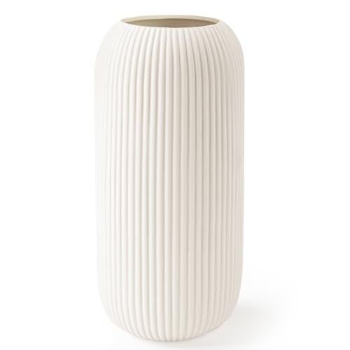 RIKBVOM Ceramic Vase for Flowers – Modern Small Ribbed Textured Flower Vase for Home Decor, Pampas Grass, Decorative, Farmhouse, Coffee Table, Kitchen Centerpieces, Bookshelf and Home Living (White) - Image 1