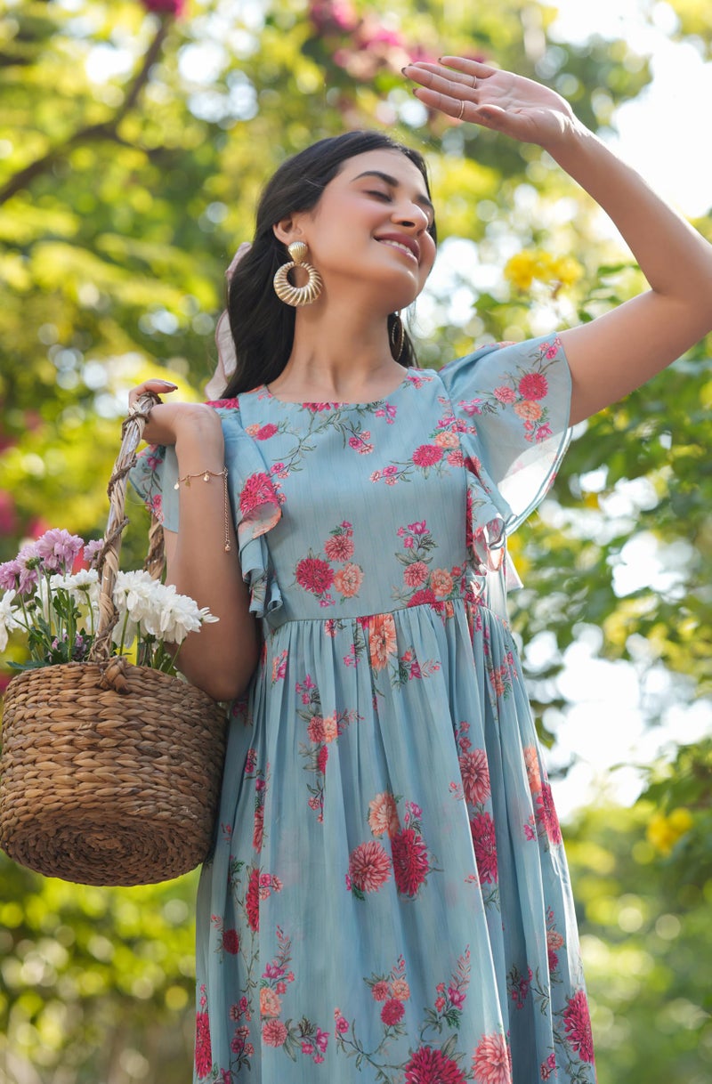 Janasya Women's Light Blue Georgette Floral Printed Tiered Dress (JAA25DR01143-XL) - Image 2