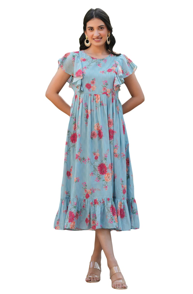 Janasya Women's Light Blue Georgette Floral Printed Tiered Dress (JAA25DR01143-XL) - Image 1