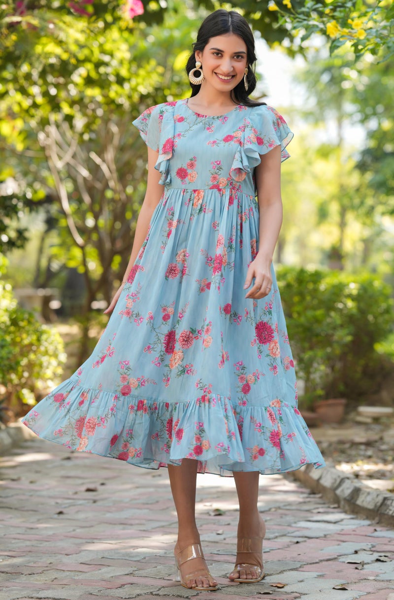 Janasya Women's Light Blue Georgette Floral Printed Tiered Dress (JAA25DR01143-XL) - Image 5