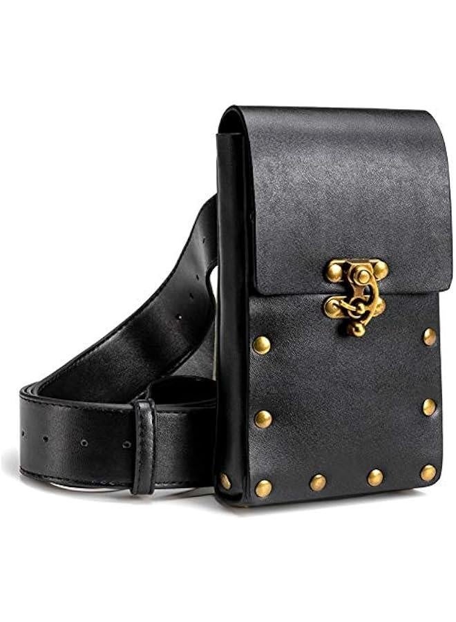 Belt Pouch Waist Bag Pack Medieval Vintage Leather Pouch Cellphone Holder Holster Carry Belt Purse Pocket Casual Hiking Festival Renaissance Faire Costume Props Travel Wallet (Black)  - Image 2