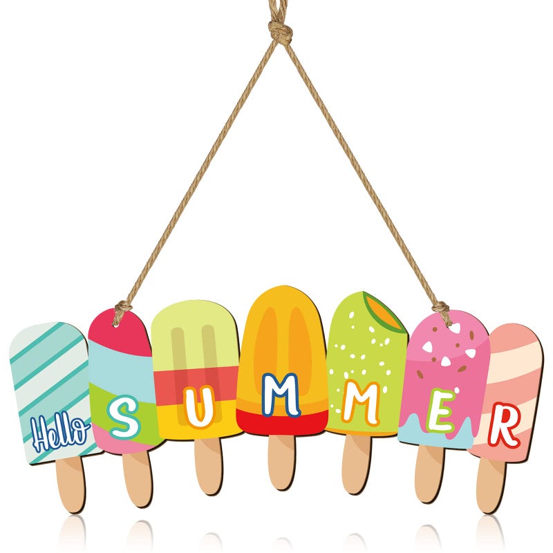 Yookeer Yookeer Hello Summer Door Sign Summer Wreaths for Front Door Hanger Rustic Wooden Daisy Wall Decor Flower Flip Flops Welcome Hanging Sign for Home Office Indoor Outdoor DecorationIce Cream Style 
