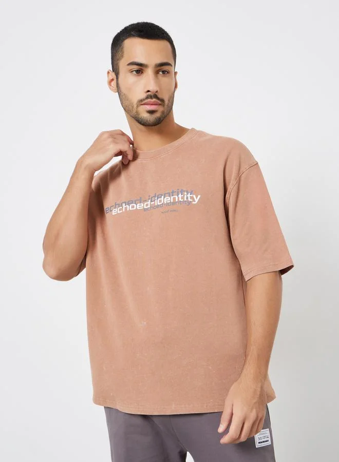 Styli Men Coffee Brown Slogan Print Oversized T-Shirt