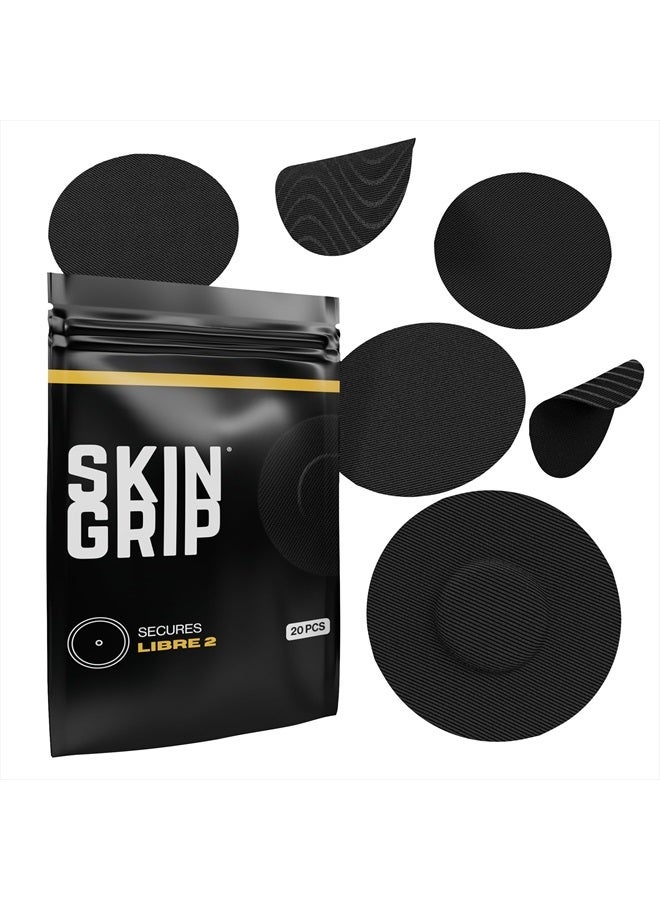 SKIN GRIP Adhesive Patches for Freestyle Libre 2 CGM – Waterproof & Sweatproof Adhesive for 10-14 Days, Pre-Cut Adhesive Medical Tape, Sensor Cover – 20 Pack, Black - Image 1