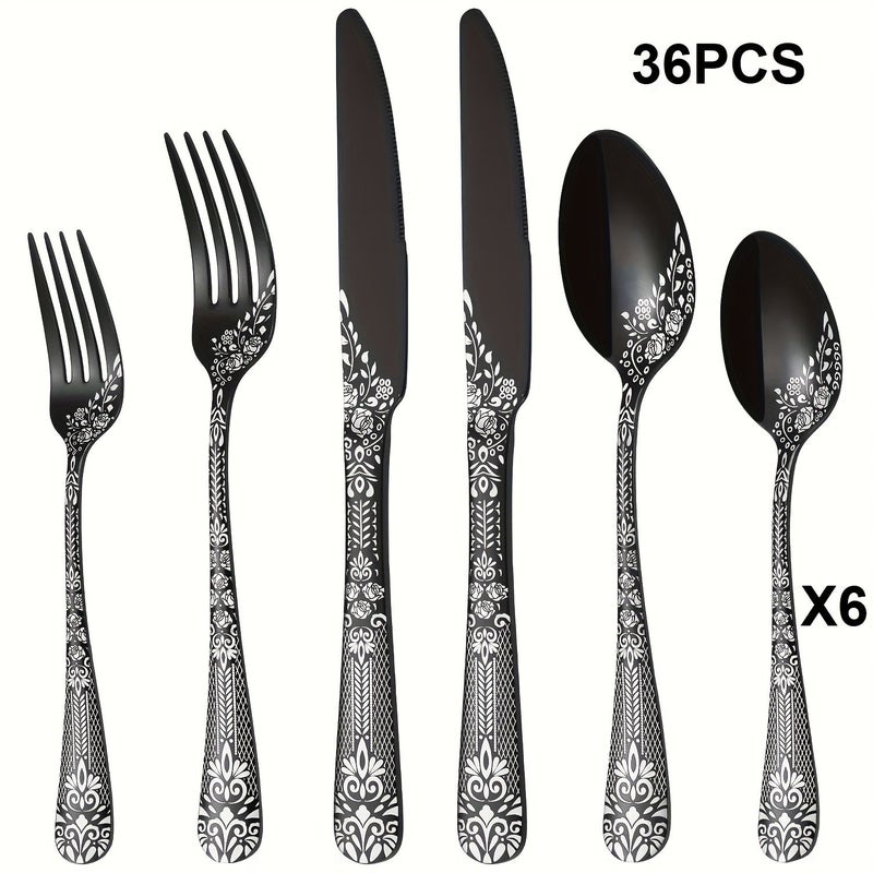 Black 24 Piece Patterned Silverware Set Stainless Steel Steak Knives Fork Spoon Dishwasher Safe - Image 2