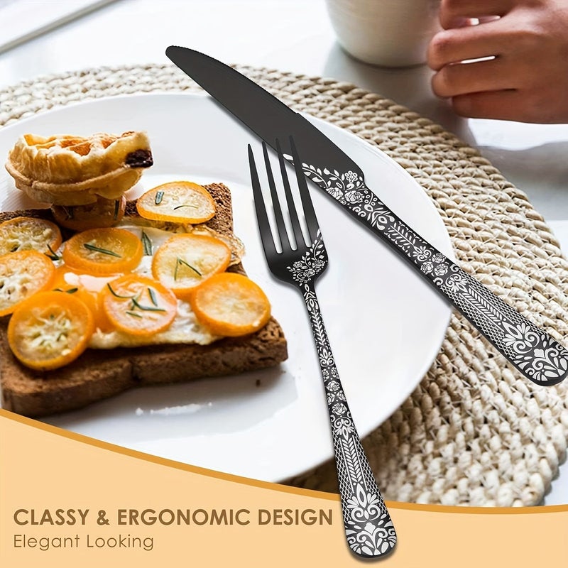 Black 24 Piece Patterned Silverware Set Stainless Steel Steak Knives Fork Spoon Dishwasher Safe - Image 3