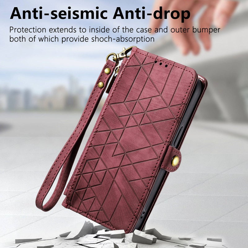 HuHa Case Cover For Nothing Phone 2a Geometric Zipper Wallet Side Buckle Leather Phone Case(Red) - Image 5