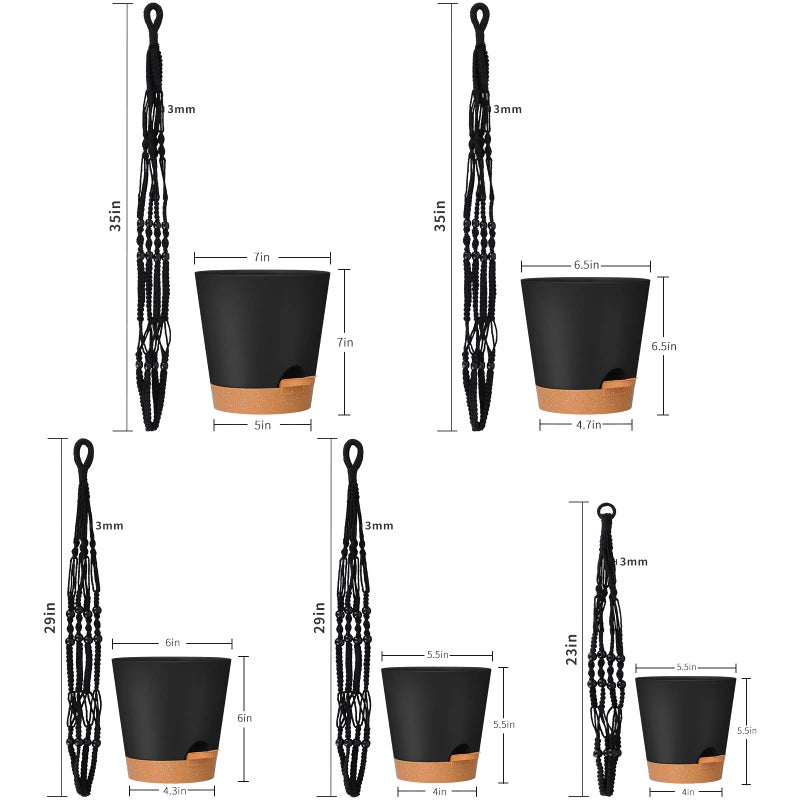 GARDIFE Hanging Planters for Indoor Plants,5Pcs Hanging Basket for Indoor Boho Home Decor,Macrame Plant Hanger,35 Inches,29Inch,23Inch, Ivory,Self Watering Planters, 7/6.5/6/5.5/5 Inch,Black&Black - Image 5
