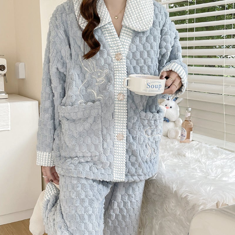 Cozy Coral Fleece Maternity Pajamas Set 236 cute rabbit Blue Gray 
