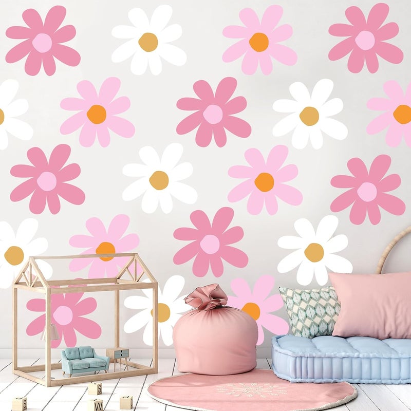 TaoBary 12 Sheets Daisy Wall Decal Flower Wall Sticker Cute Daisy Sticker Pink White Flower Decal Peel and Stick Floral Wallpaper for Nursery Bedroom Home DecorClassic ColorDelicate Style - Image 1