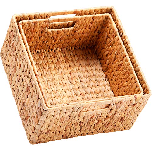 HOONEX Water Hyacinth Storage Baskets for Organizing, Decorative Wicker Baskets with Carrying Handles, Set of 2, Natural - Image 1