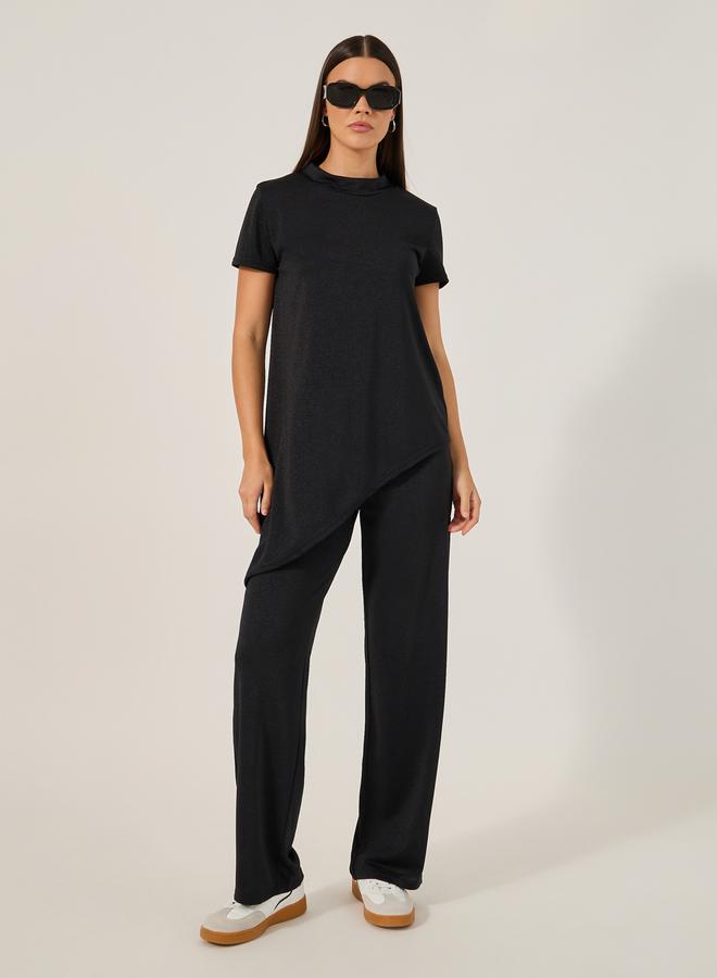 Styli Solid Knitted Asymmetrical Top and Straight Leg Pants Set - Image 1