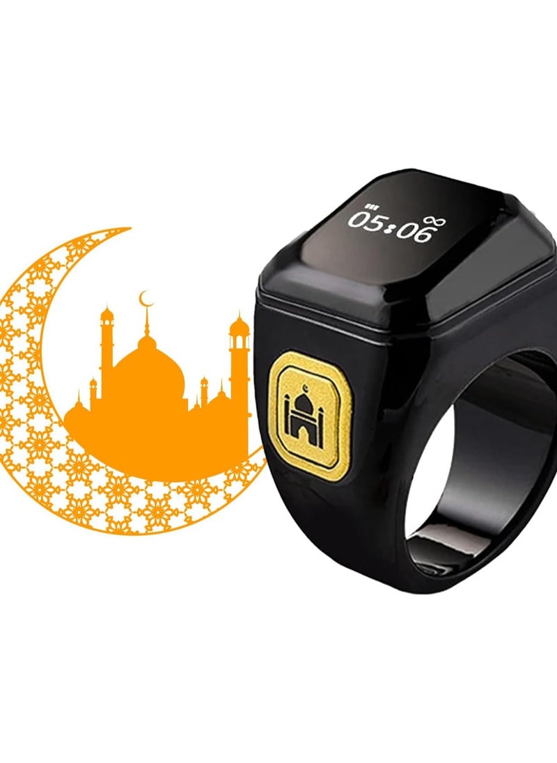 أداك خاتم التسبيح الذكي ADAK – رفيق الصلاة الإسلامية | شاشة OLED | تذكير بأوقات الصلاة | مقاوم للماء | تقنية يمكن ارتداؤها – أسود 22 مم  - Image 1