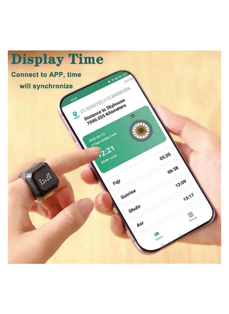 أداك خاتم التسبيح الذكي ADAK – رفيق الصلاة الإسلامية | شاشة OLED | تذكير بأوقات الصلاة | مقاوم للماء | تقنية يمكن ارتداؤها – أسود 22 مم  - Image 4