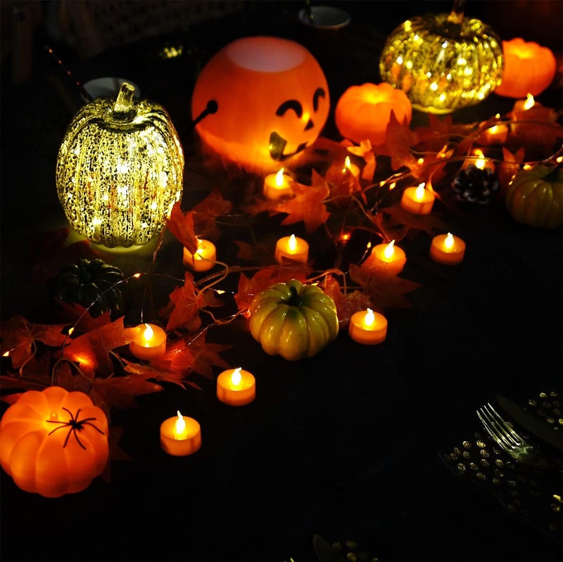 Homemory Halloween 24 Pack Orange Tea Light Candles, Battery Operated LED Tealights, Small Pumpkins Lights with Warm White Bulb, Flameless, Electric Fake Tea Candles Realistic for Halloween, Pumpkin Lanterns - Image 4
