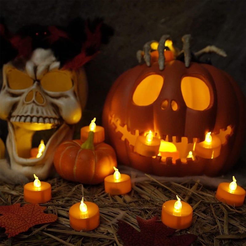 Homemory Halloween 24 Pack Orange Tea Light Candles, Battery Operated LED Tealights, Small Pumpkins Lights with Warm White Bulb, Flameless, Electric Fake Tea Candles Realistic for Halloween, Pumpkin Lanterns - Image 3