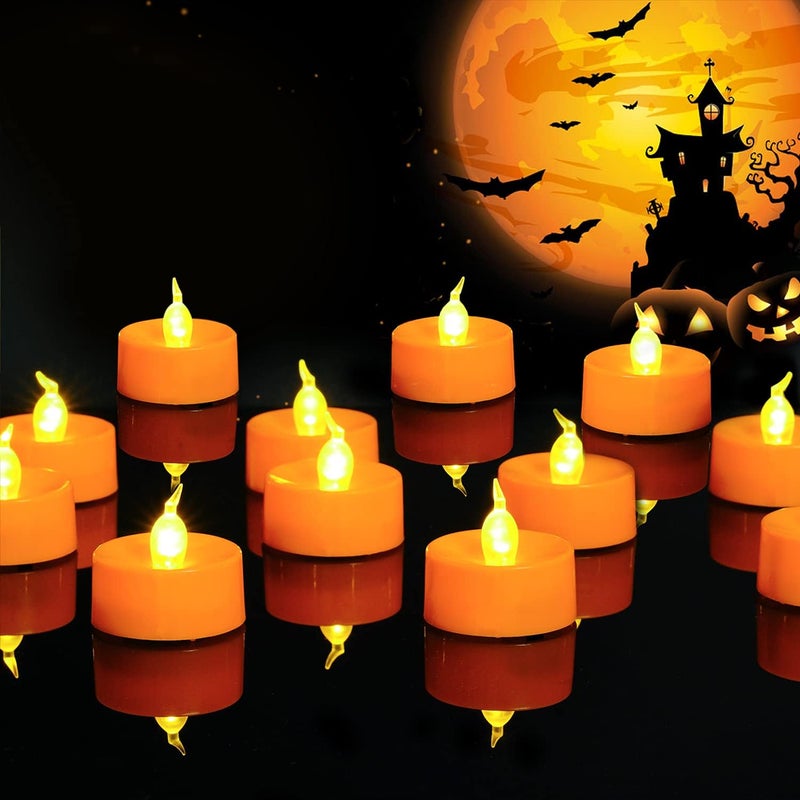 Homemory Halloween 24 Pack Orange Tea Light Candles, Battery Operated LED Tealights, Small Pumpkins Lights with Warm White Bulb, Flameless, Electric Fake Tea Candles Realistic for Halloween, Pumpkin Lanterns - Image 1