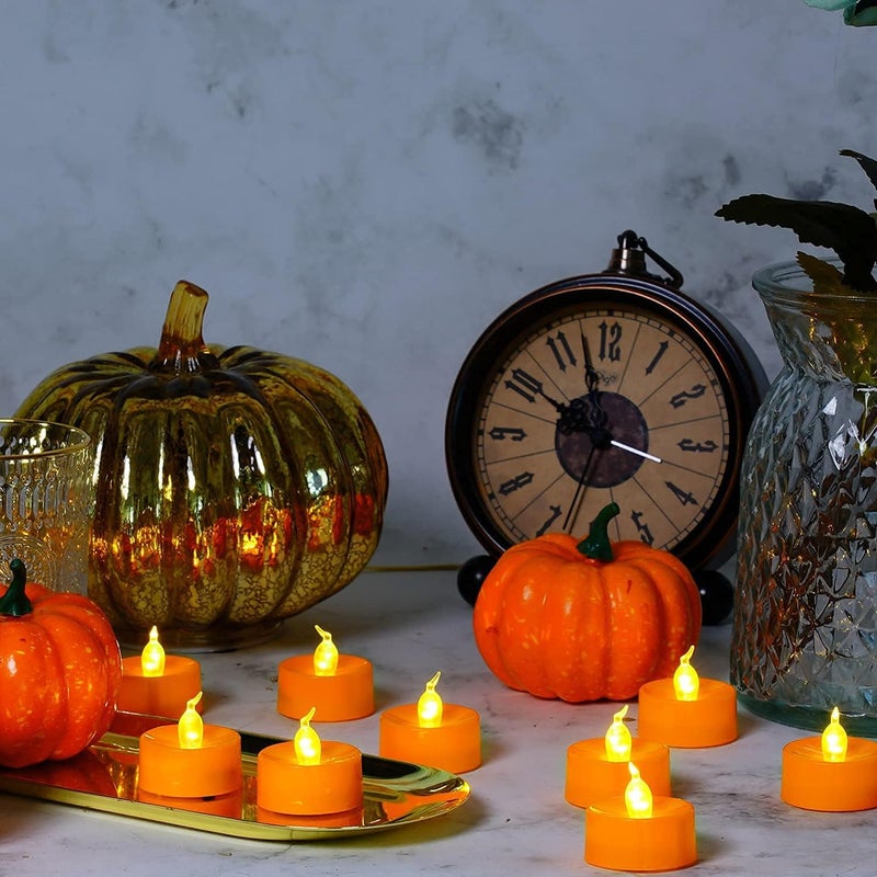 Homemory Halloween 24 Pack Orange Tea Light Candles, Battery Operated LED Tealights, Small Pumpkins Lights with Warm White Bulb, Flameless, Electric Fake Tea Candles Realistic for Halloween, Pumpkin Lanterns - Image 2