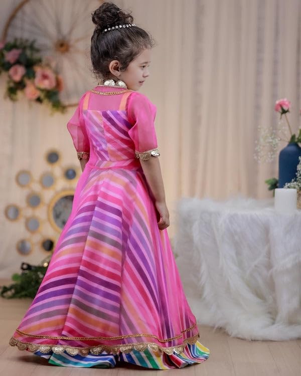 Naixa Girl's Satin Sleeveless Round Neck Pink Shrug With Multicolor Ethnic Printed Readymade Lehenga Choli Set For Every Occasion (Pack Of One) (NX15 7-8Y) - Image 3