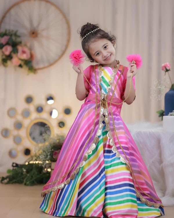 Naixa Girl's Satin Sleeveless Round Neck Pink Shrug With Multicolor Ethnic Printed Readymade Lehenga Choli Set For Every Occasion (Pack Of One) (NX15 7-8Y) - Image 2