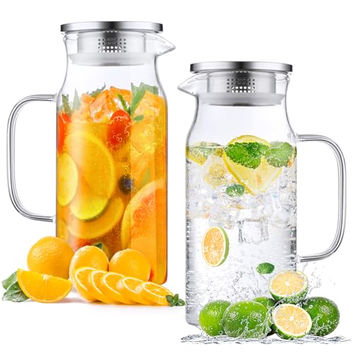 Bivvclaz 2 Pack 12 Liter 40 oz Small Glass Pitcher with Lid and Handle Glass Carafe Water Pitcher for HotCold Water Iced Tea Drinks Coffee Juice and Homemade Beverage - Image 1