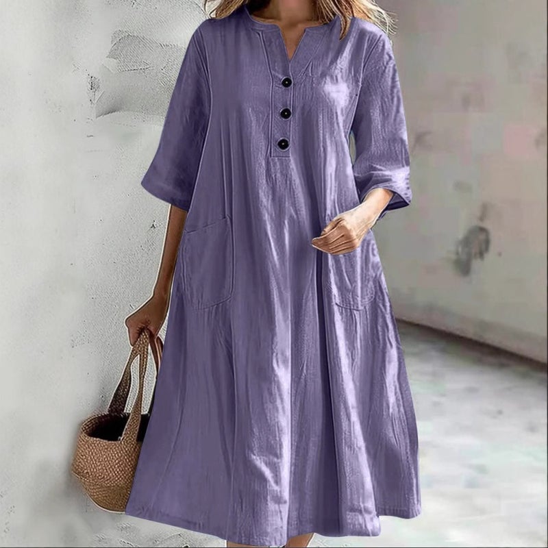 فستان نسائي متوسط الطول بتصميم V-الرقبة وأكمام نصفية وجيوب - Image 3