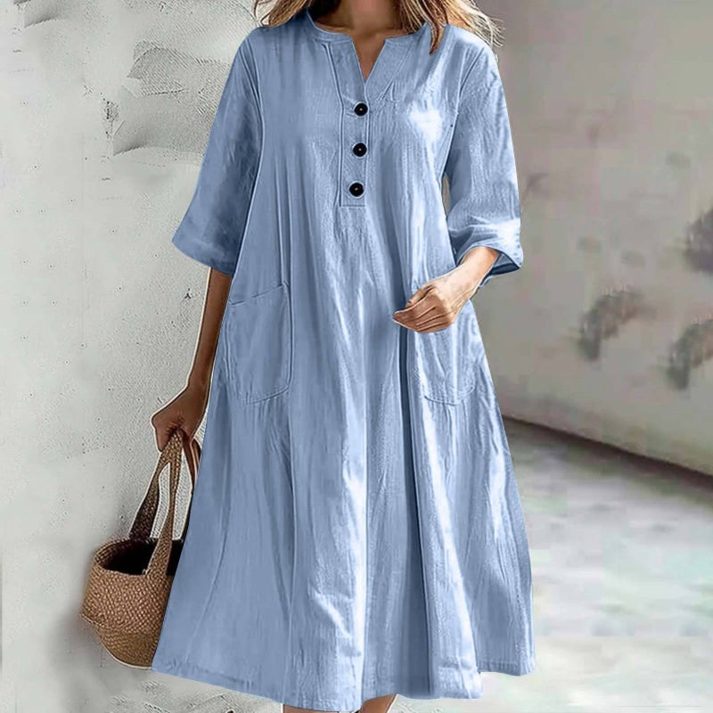 فستان نسائي متوسط الطول بتصميم V-الرقبة وأكمام نصفية وجيوب - Image 1