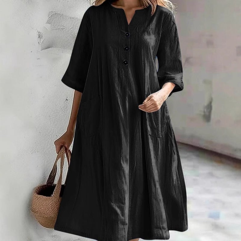 فستان نسائي متوسط الطول بتصميم V-الرقبة وأكمام نصفية وجيوب - Image 5