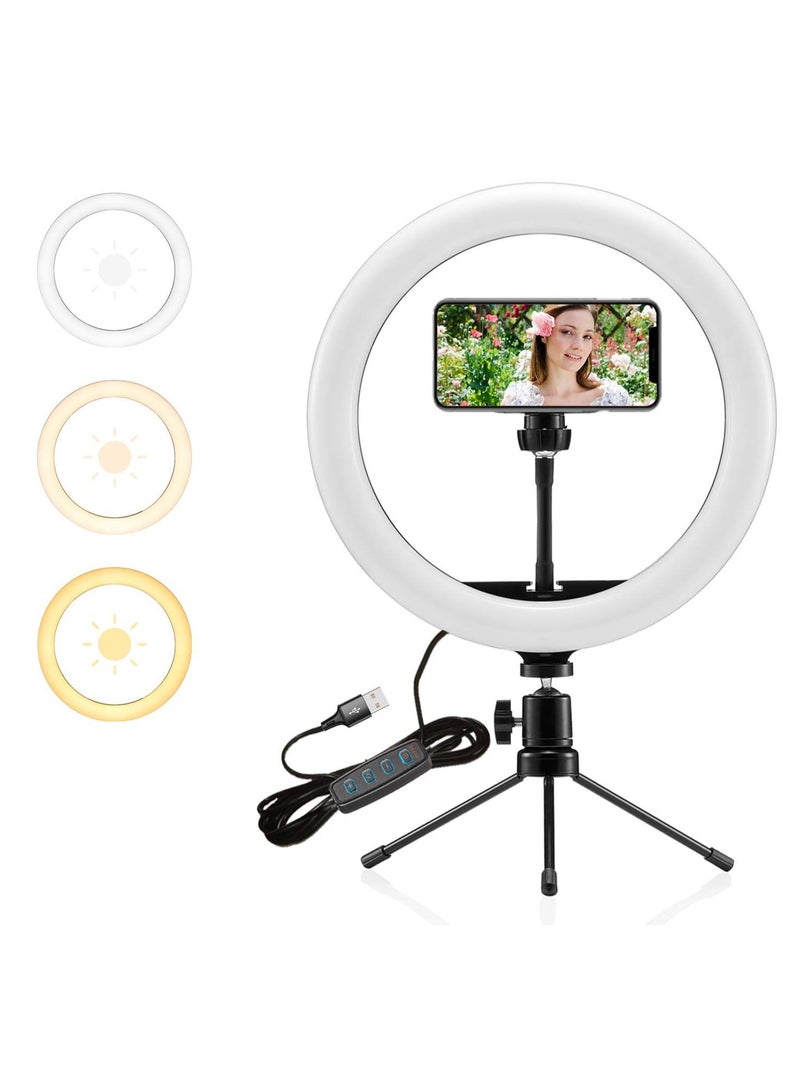 Portable LED Ring Light for Selfie Photography with Tripod & Mobile Holder – 3 Light Colors & 10 Brightness Levels for Makeup & Desk Use - Image 1