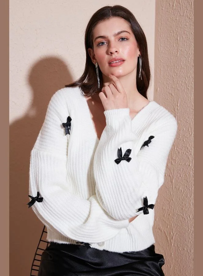 Lela Lela Oversize Fit V-Neck Bow Detailed Buttoned Cardigan Women's CARDIGAN 4615577