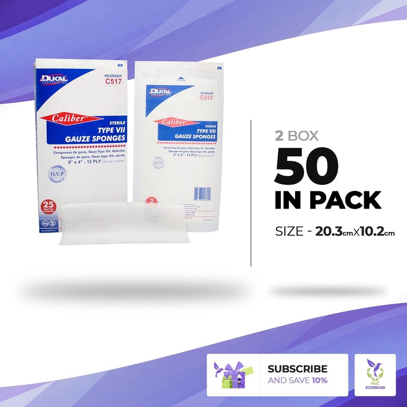 Dukal Type VII Gauze Sponges 8 x 4 Pack of 50 Sterile Wound Pads 12ply Sterile 100 otton Gauze Sponges Wound Care Dressing Pads for Cleaning Prepping Wound Care Gauze Bandages C517 - Image 2