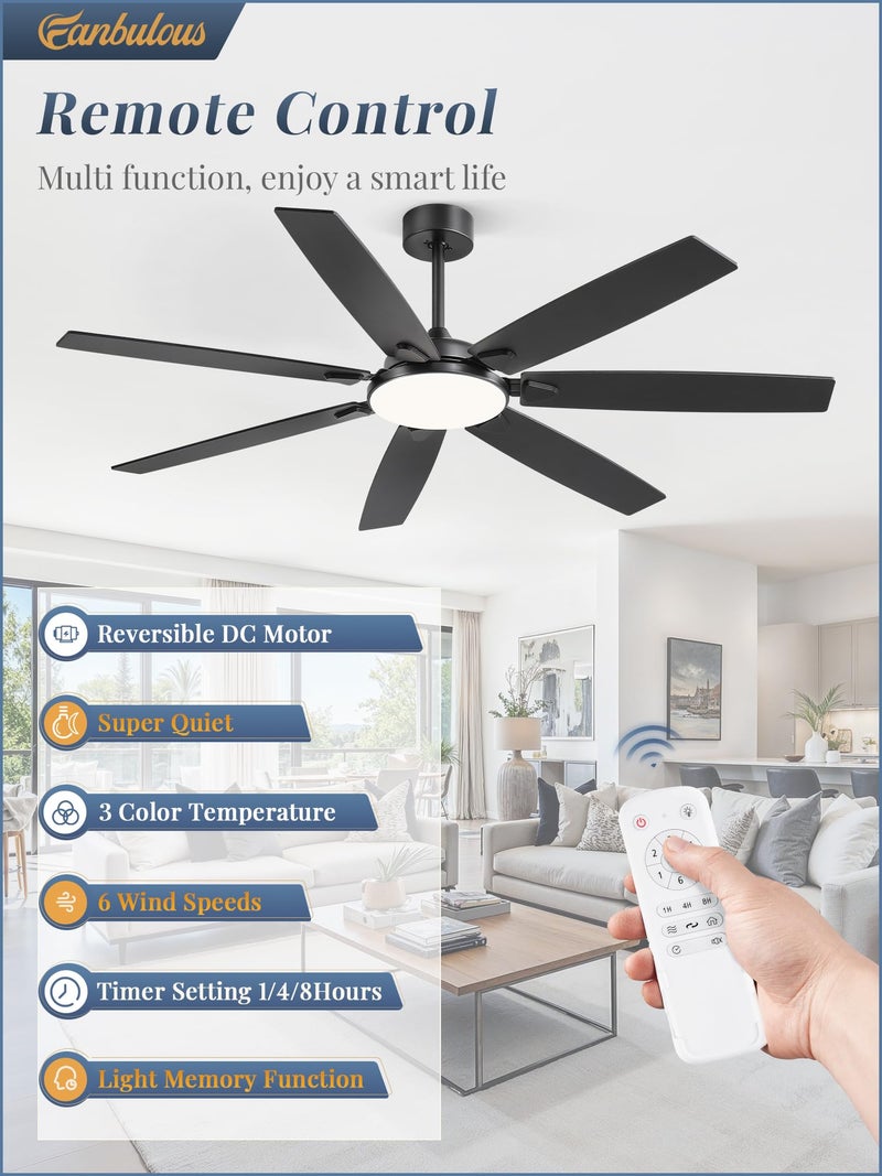 Fanbulous 62 Inch Large Ceiling Fans with Lights and Remote, Black Modern Ceiling Fan with 3CCT LED Light, Quiet DC Motor,Indoor/Outdoor Ceiling Fan with 7 Dual Finish Blades for Living Room, Patio - Image 2