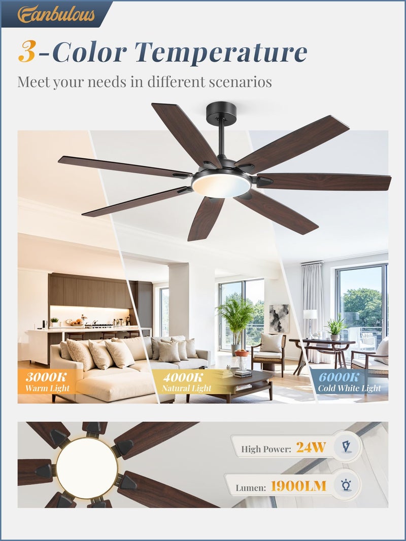 Fanbulous 62 Inch Large Ceiling Fans with Lights and Remote, Black Modern Ceiling Fan with 3CCT LED Light, Quiet DC Motor,Indoor/Outdoor Ceiling Fan with 7 Dual Finish Blades for Living Room, Patio - Image 4