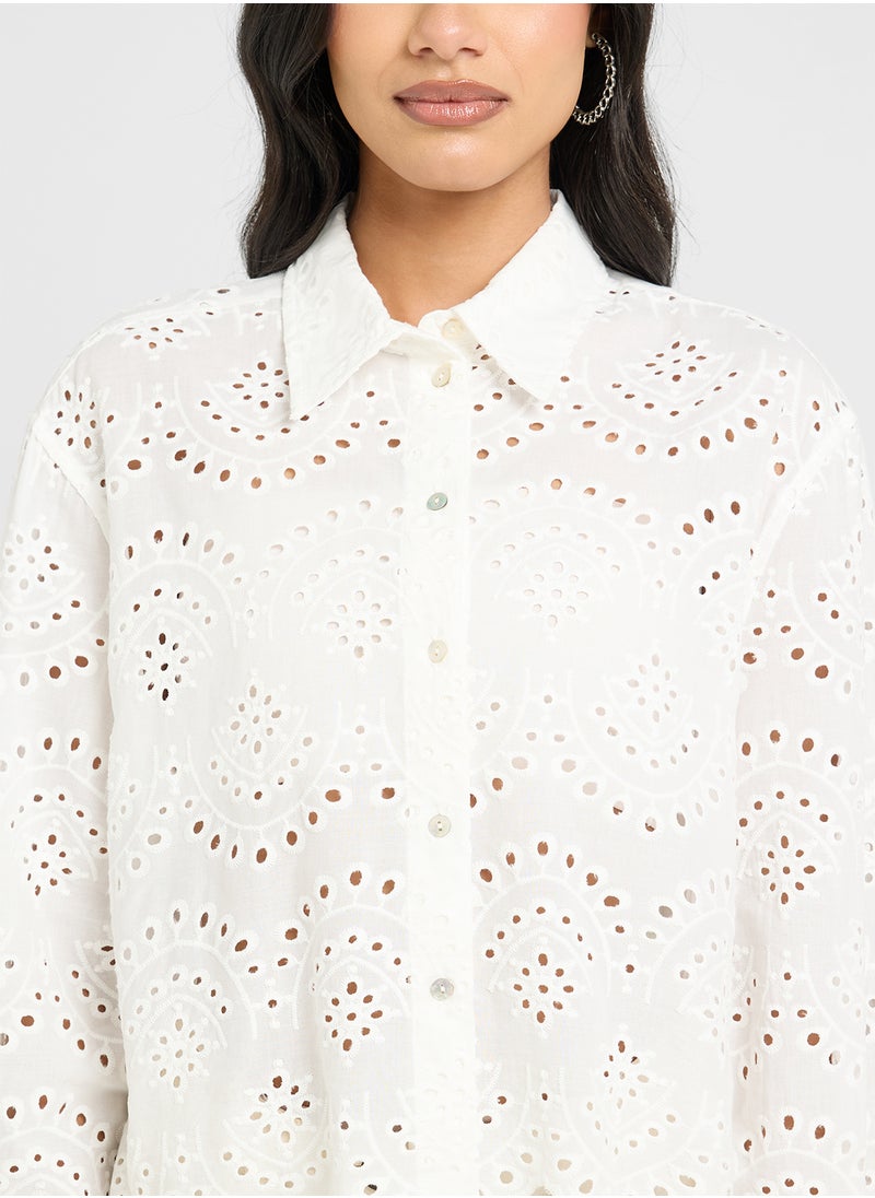 ONLY - Scallop Hem Eyelet Detail Shirt - Image 1