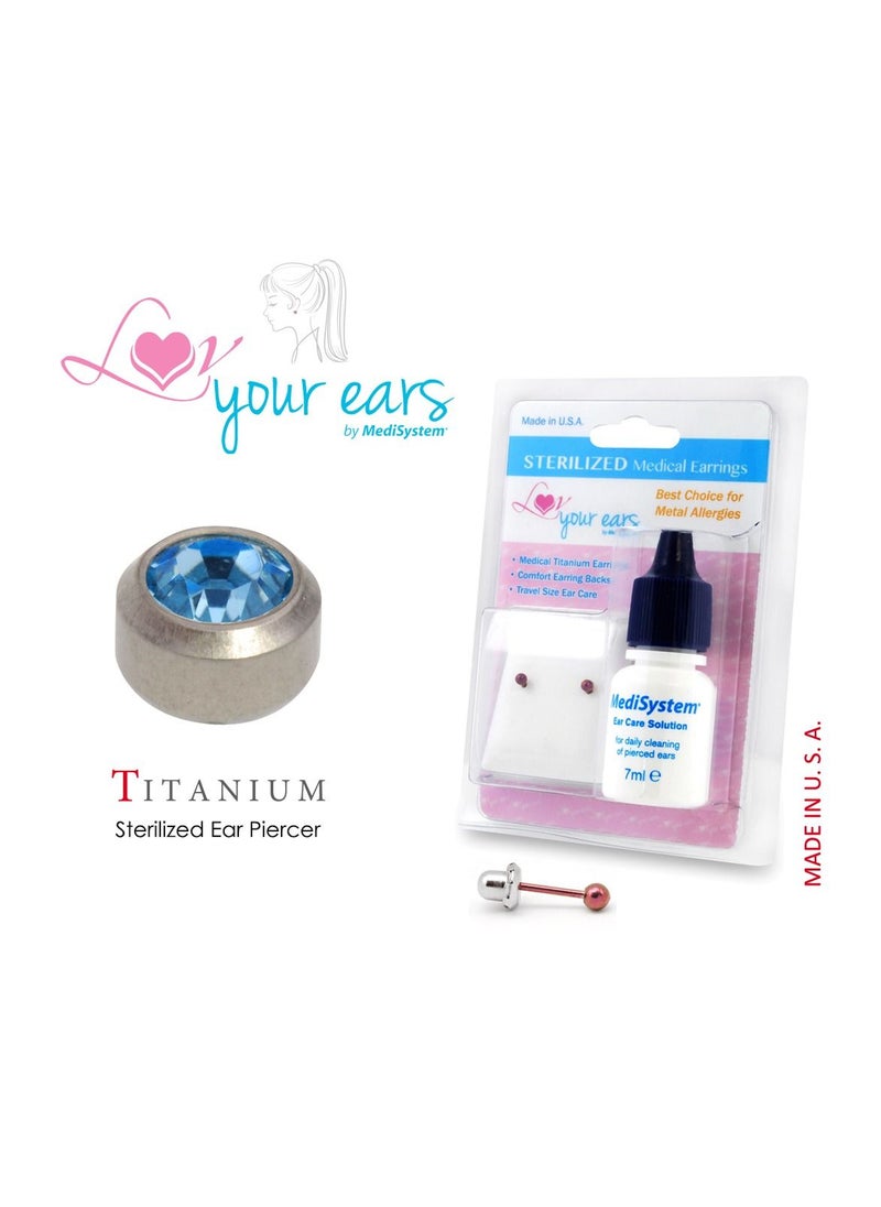 MediSystem Sterilized Medical Earrings Titanium 4mm Aqua Bezel, Made in USA  - Image 1