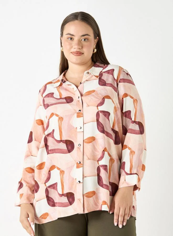 Ulla Popken Plus Size Ulla Popken All-Over Print Shirt with Long Sleeves
