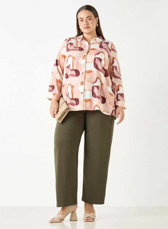 Ulla Popken Plus Size Ulla Popken All-Over Print Shirt with Long Sleeves