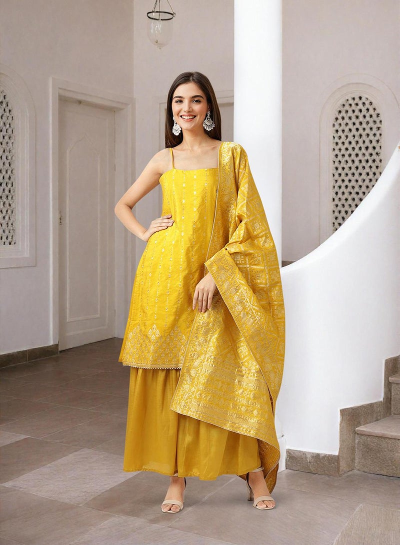 ISHIN Women'S Yellow 100% Polyester Self Design Full Length Palazzo Kurta Set - Image 2
