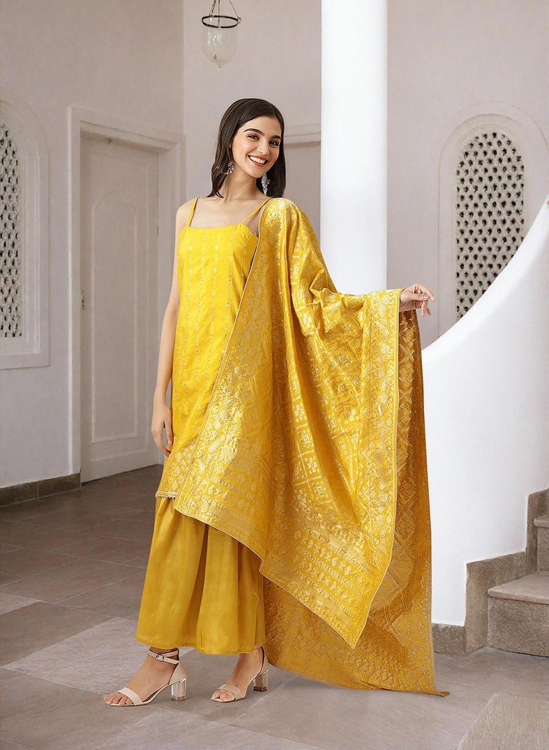 ISHIN Women'S Yellow 100% Polyester Self Design Full Length Palazzo Kurta Set - Image 1