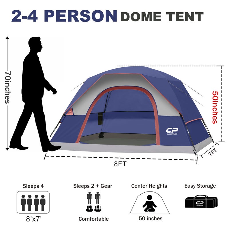 CAMPROS CP 4 Person Tent, Dome Tents for Camping with Rainfly, Waterproof Camping Tent Easy Set Up, Portable Family Tent with Large Mesh Window & Carry Bag for Outdoor Hiking - Image 2