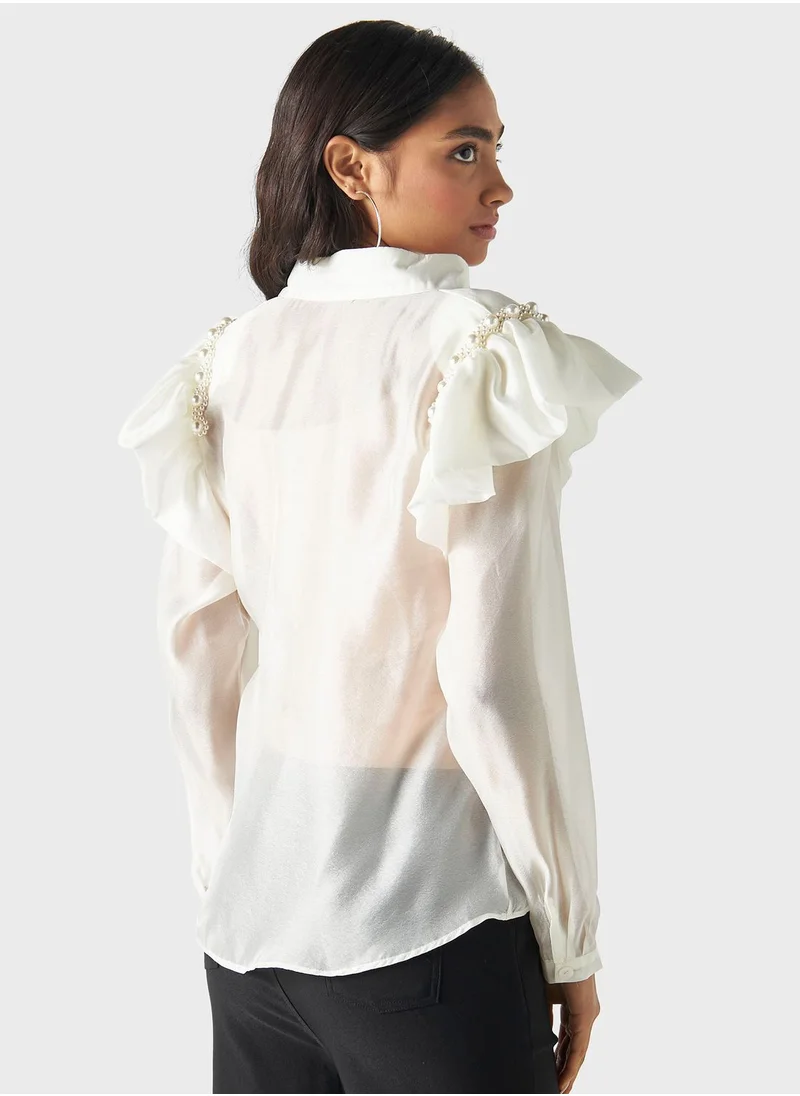 تواكستريمز Embellished Ruffle Sleeve Top