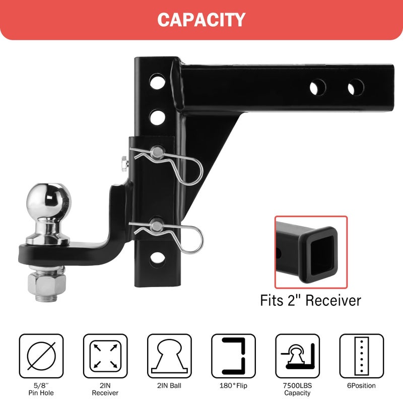 OPENROAD Adjustable Trailer Hitch Ball Mount - Fits 2-Inch Receiver, 2" Tow Balls, 7500lbs, 9-1/2" Drop/ 8-1/4" Rise, Heavy Duty Truck Hitch with Pin Lock - Image 2