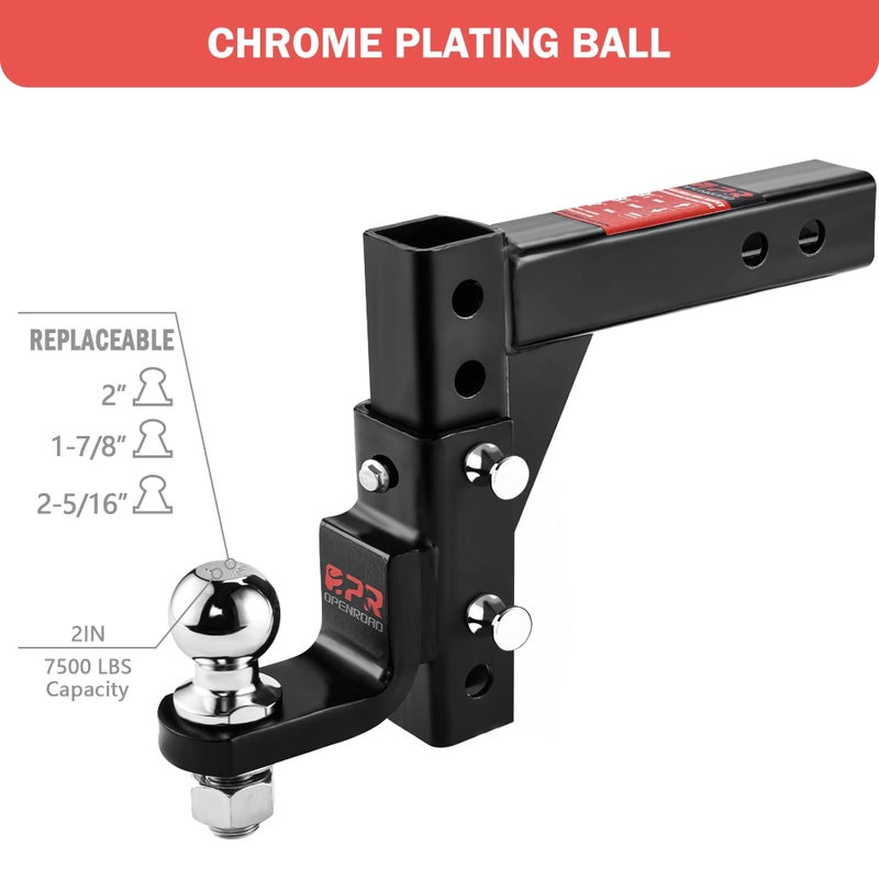 OPENROAD Adjustable Trailer Hitch Ball Mount - Fits 2-Inch Receiver, 2" Tow Balls, 7500lbs, 9-1/2" Drop/ 8-1/4" Rise, Heavy Duty Truck Hitch with Pin Lock - Image 3